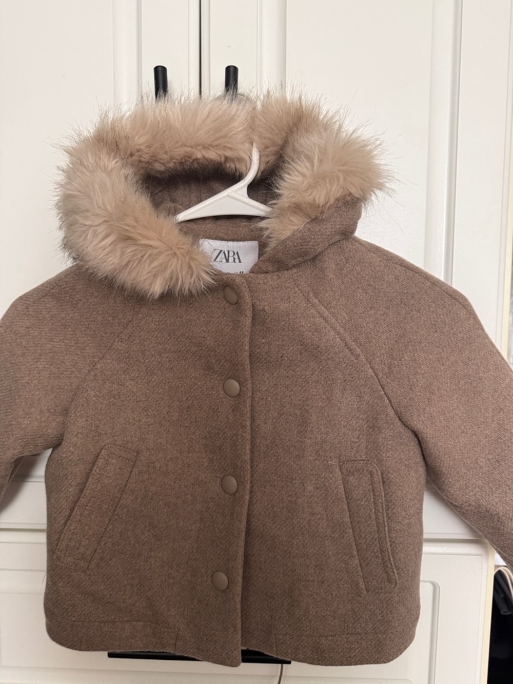 Zara Girls' Tan Hooded Pea Coat with Faux-Fur Trim